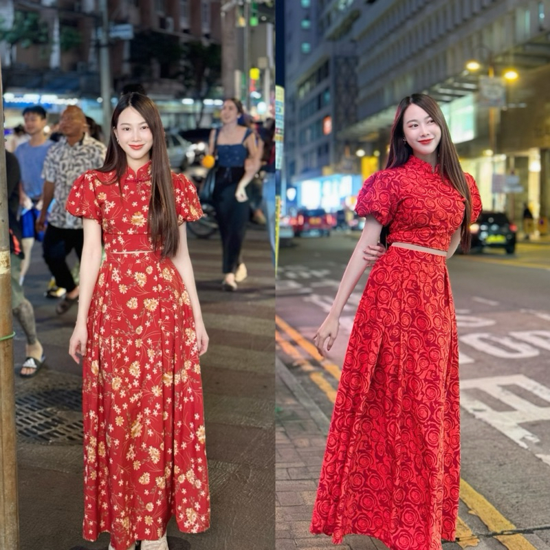 ชุดเซ็ต2ชิ้นตรุษจีน เสื้อครอปคอจีนแขนตุ๊กตา กระโปรงยาว
