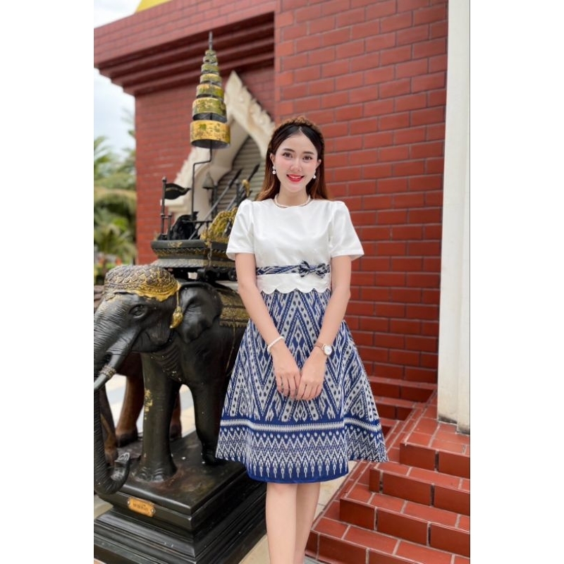 เดรสลายลิซ่า ผ้าไหมญี่ปุ่น ทรงย้วย 8 ชิ้น พรางพุง เอวโบว์ สุดแพง ไซส์ S-3XL มุมมองที่ 2