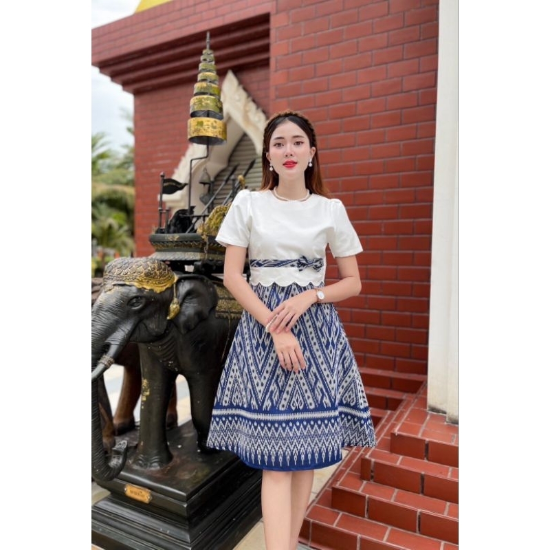 เดรสลายลิซ่า ผ้าไหมญี่ปุ่น ทรงย้วย 8 ชิ้น พรางพุง เอวโบว์ สุดแพง ไซส์ S-3XL มุมมองที่ 4