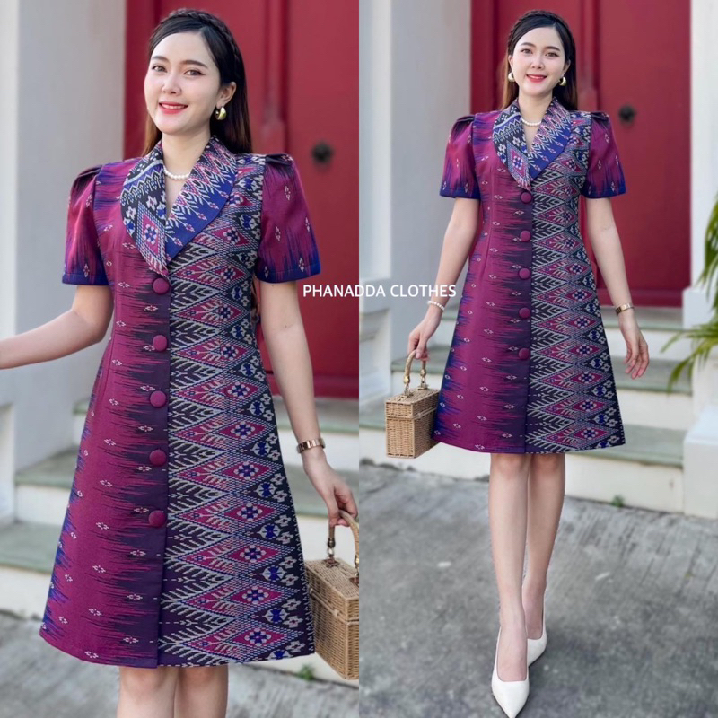 เดรสคอปกกระดุมหน้าผ้าฝ้ายทออัดกาว ใส่ทำงาน-ไปงาน ทรงสวยพอดีตัว มุมมองที่ 6