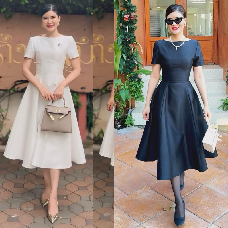 เดรสทำบุญพรีเวดดิ้งผ้าไหมอิตาลีอัดกาว ทรงสวย S-3XL ขาว-ดำ พร้อมส่ง