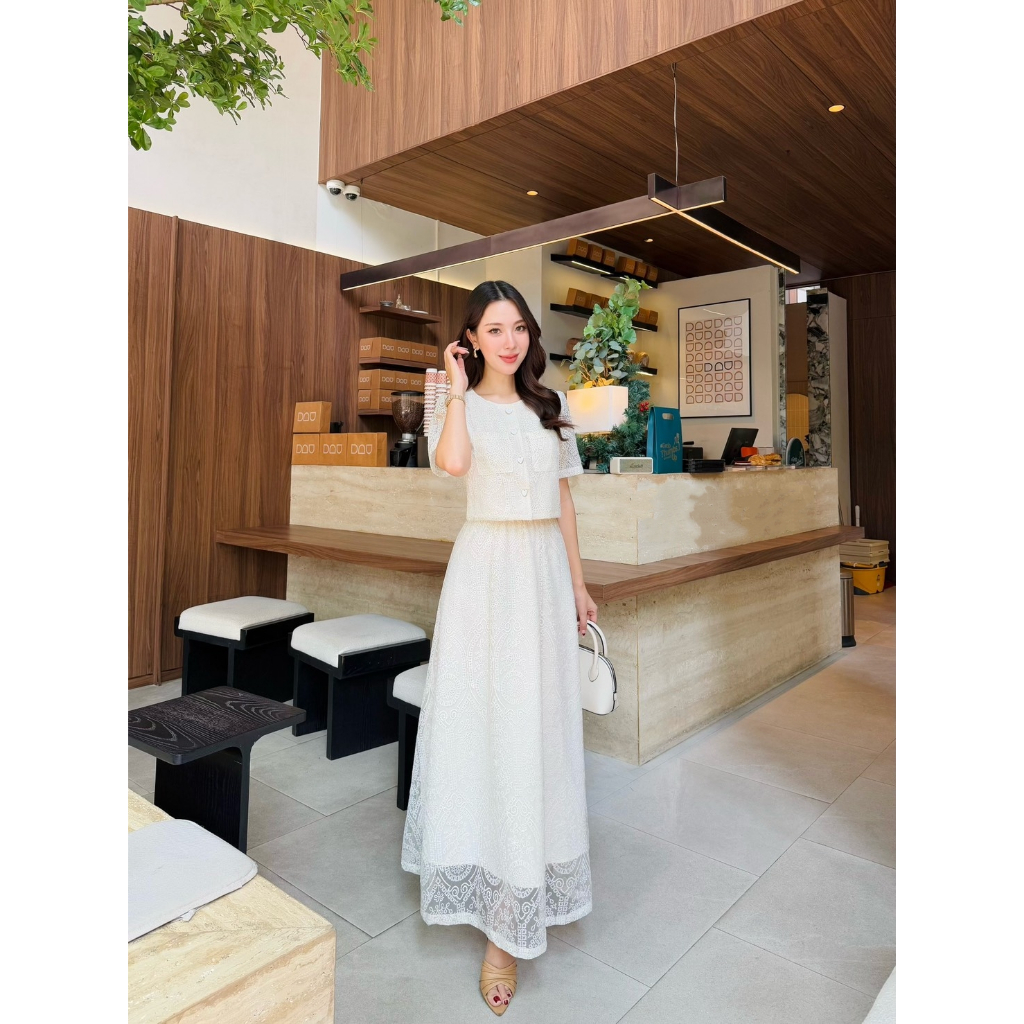 เซ็ตเสื้อกระโปรงลูกไม้สวยหรู ไซส์ S-2XL ชุดไปงานบุญ งานบวช แฟนนาค มุมมองที่ 5