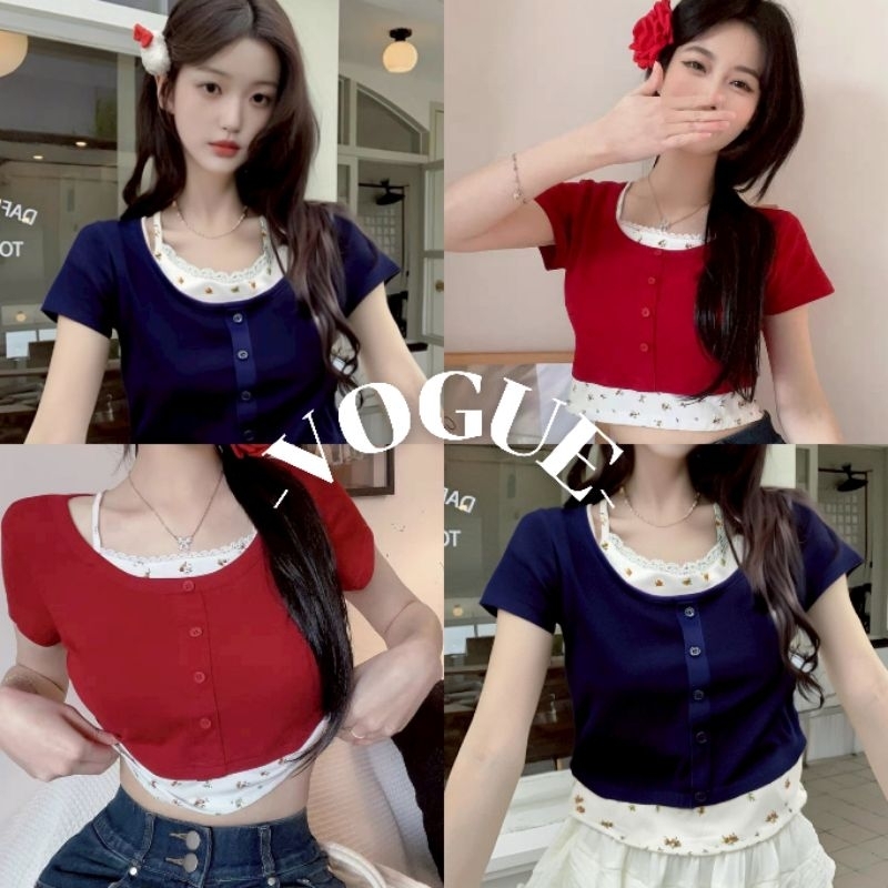 Vogue🌟พร้อมส่ง🌟 เสื้อแขนสั้น ไหมพรม สีแดงน้ำเฃินลายดอกไม้ (Y6820 ...