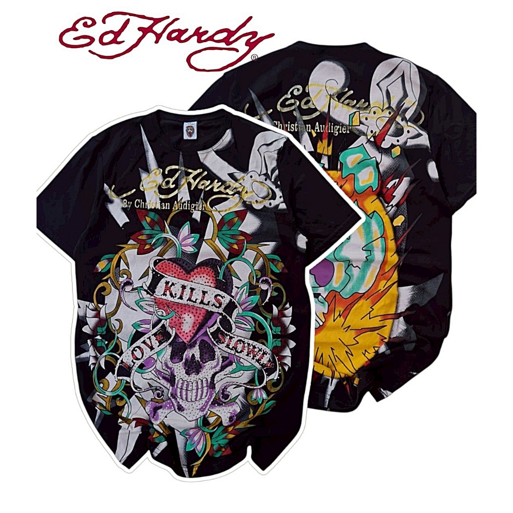 Ed Hardy เสื้อยืดมือสองแบรนด์แท้ งานปักเพชร size S | Shopee Thailand