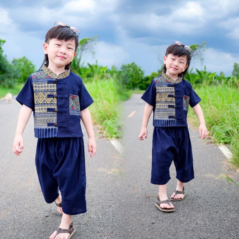 ชุดผ้าฝ้ายชุดพื้นเมืองสไตล์ล้านนาเด็กชาย