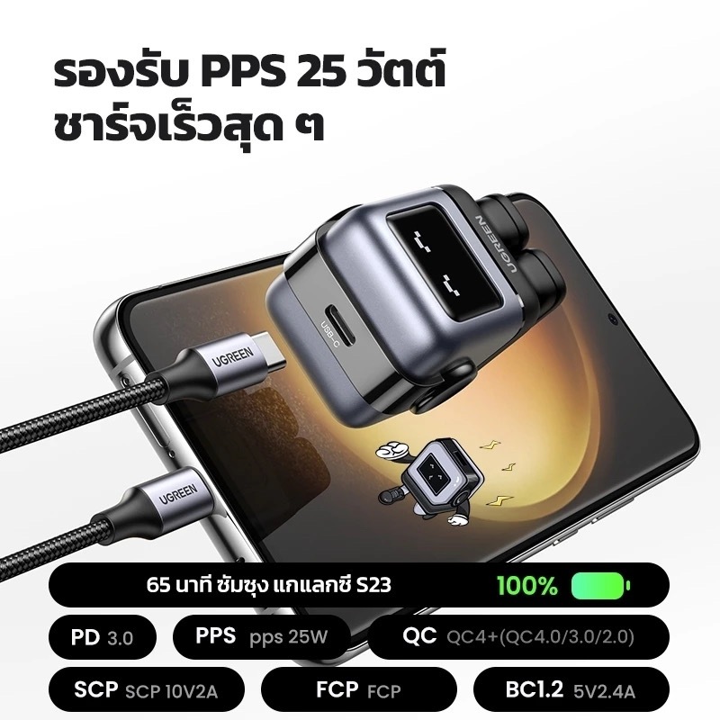 Ugreen RoboGaN 65W/30W USB C USB A Charger Mini Robot Nexode 3 พอร์ต GaN Fast Charger