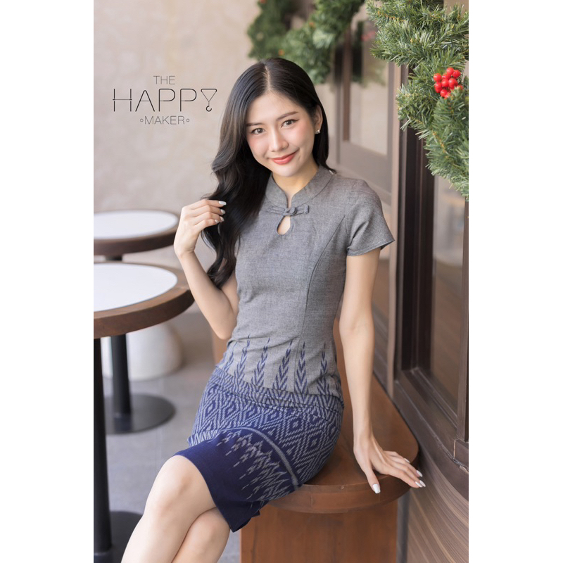 เดรสผ้าไทยคอตีจีนลายต้นสน ใส่ทำงานสวยเข้ารูป ผ้าฝ้ายนุ่มสบาย มุมมองที่ 4