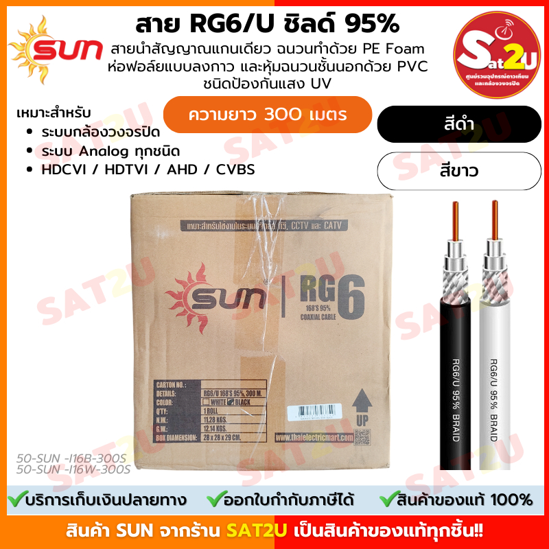 สายนำสัญญาณ RG6 ชิลด์ 95% ยี่ห้อ SUN ซัน ยาว 300เมตร มีสีขาว / สีดำ ...