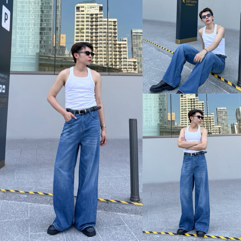 SAMOOM.1st Y2K Blue Jeans B666 กางเกงยีนส์ทรงกระบอกเอวสูง สีบลูยีนส์ ...