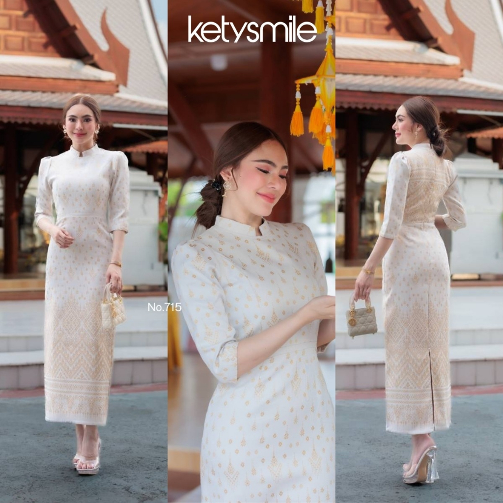 เดรสสีขาวมงคล กระโปรงสอบอัดกาว ซิปซ่อนหลัง ไซส์ S-5XL ใส่บุญ