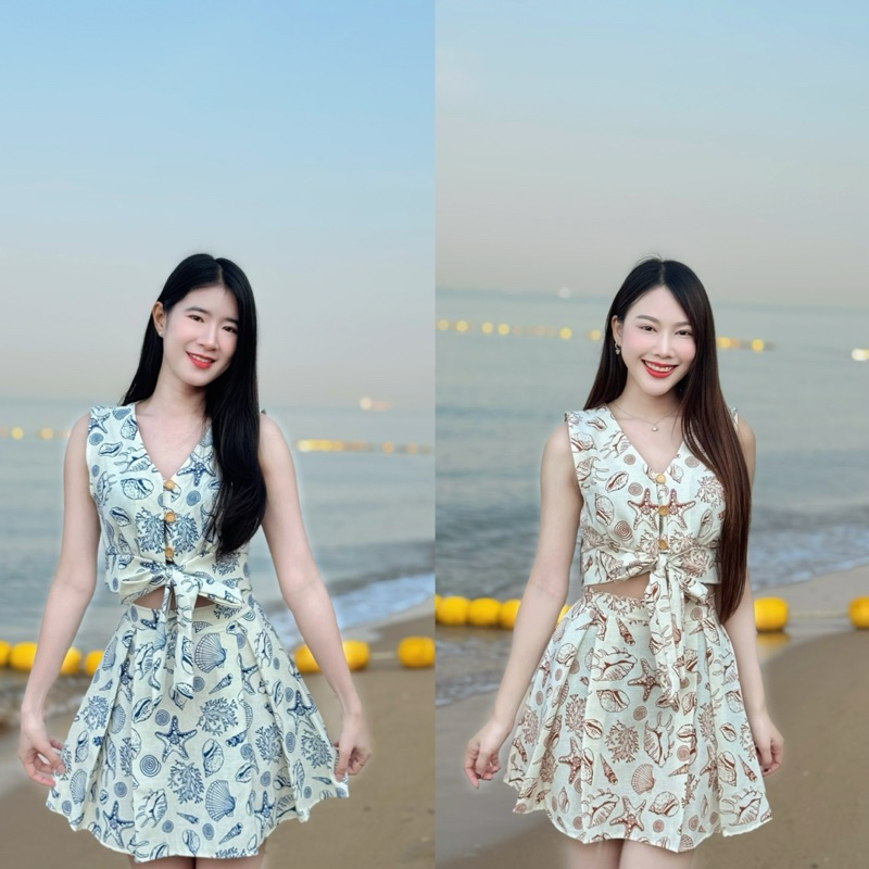 ชุดเซต เสื้อแขนกุดคอวีผูกหน้า กระโปรงจีบสั้น รุ่นSHELL