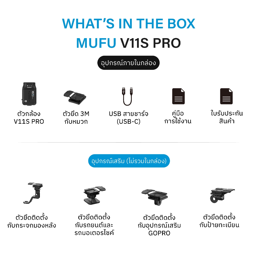 MUFU V11S กล้องติดรถ กล้องติดหมวกกันน็อค กล้องติดหน้ารถยนต์-มอเตอร์ไซค์ Wifi 1080P ใช้งานต่อเนื่อง7ชม รับประกันสินค้า1ปี