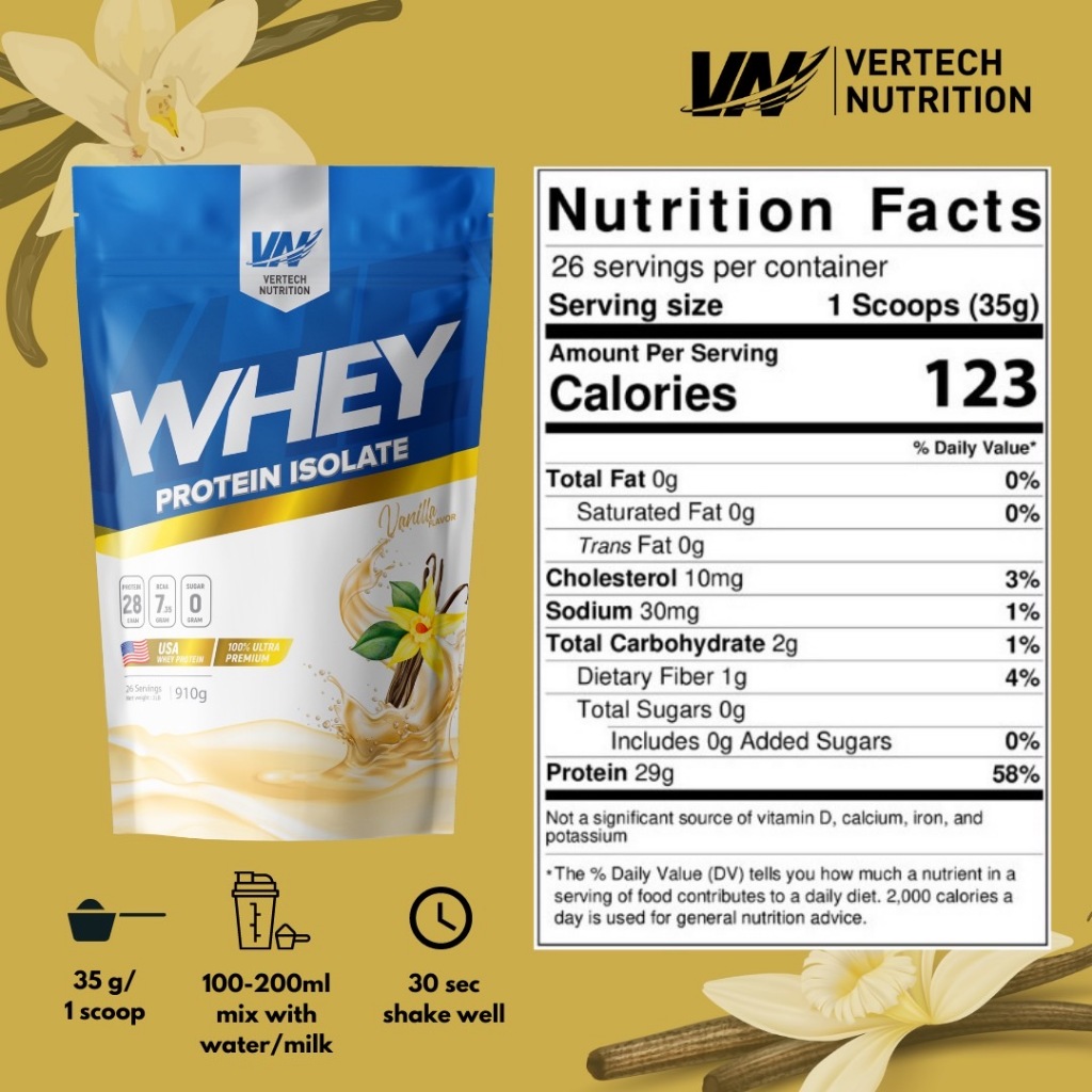 VERTECH NUTRITION WHEY PROTEIN ISOLATE 100% เวย์โปรตีน ไอโซเลท ดูดซึมไว โปรตีนนำเข้าจากอเมริกา (2LB) ช่วยเสริมสร้างกล้ามเนื้อและลดไขมัน