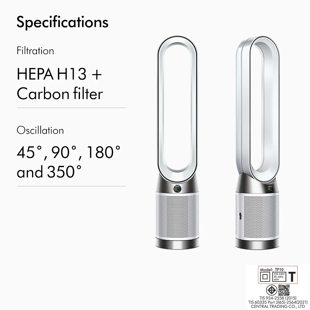 Dyson รุ่น Purifier Cool™ Gen1 TP10 พัดลมฟอกอากาศทรงทาวเวอร์ไร้ใบพัด สีขาว ระบบกรอง HEPA H13 ส่าย 350 องศา