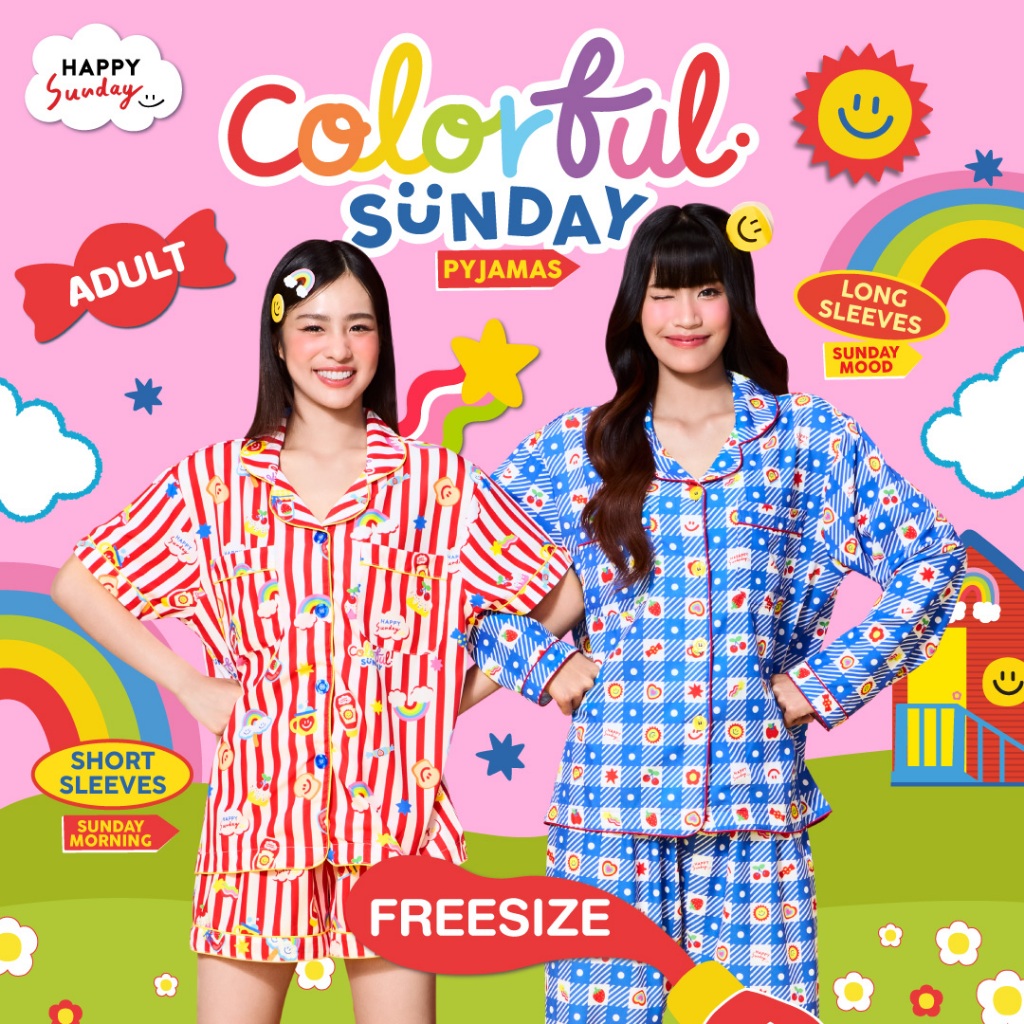 [FREE SIZE] COLORFUL SUNDAY PYJAMAS | ชุดนอนลายซันเดย์มู้ดสีน้ำเงิน ลาย ...