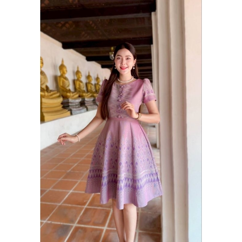 เดรสผ้าไทยสีชมพูพรีเมียม ผ้าฝ้ายทอลายแท้ อัดกาว ใส่แล้วสวยหรู มุมมองที่ 5