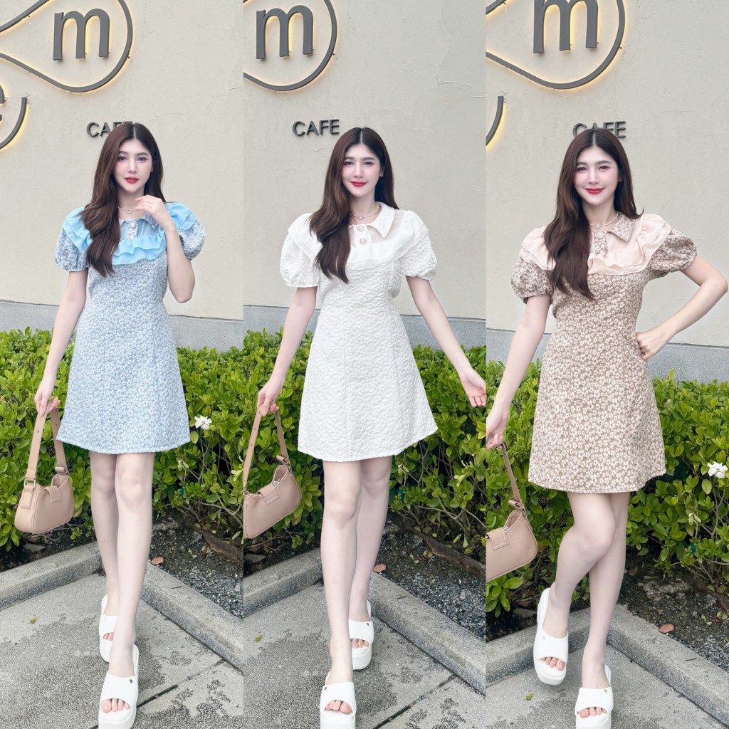 เดรสผ้าลัคชูแขนตุ๊กตาคอปกกระดุมมุก พร้อมสายผูกเอว ใส่ออกงานบุญบวช ผ้าซีฟองระบายอก