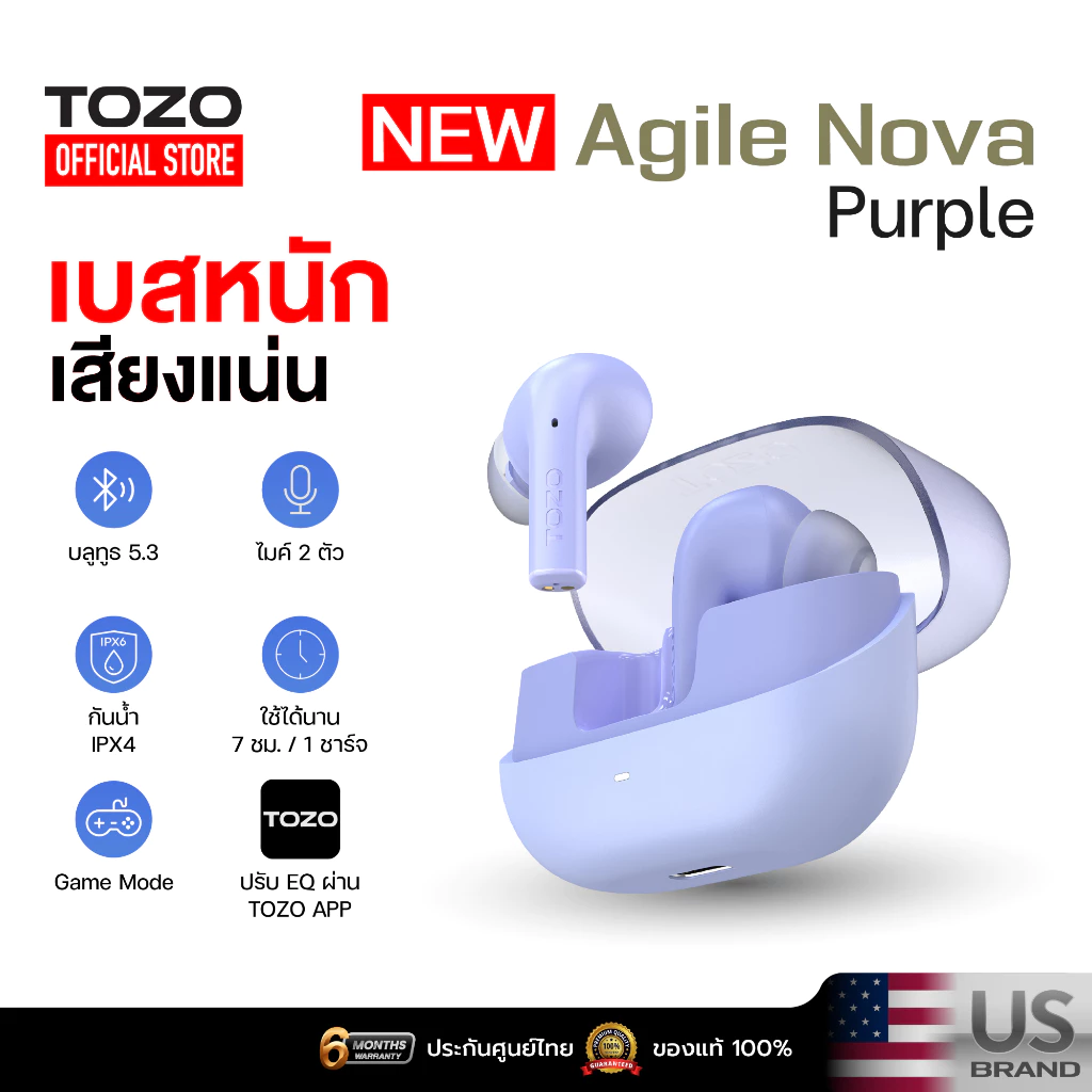 TOZO Agile Nova หูฟังบลูทูธ หูฟังไร้สาย หูฟังอินเอีย เบสหนัก Bluetooth 5.3 แบต 7 ชม/ชาร์จ IPX4