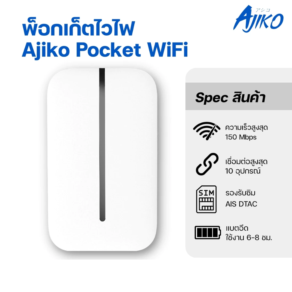 Ajiko Pocket Wifi ไวไฟพกพาใส่ซิม พ็อกเกตไวไฟ 4G รองรับซิมทุกเครือข่าย AIS DTAC MIFI