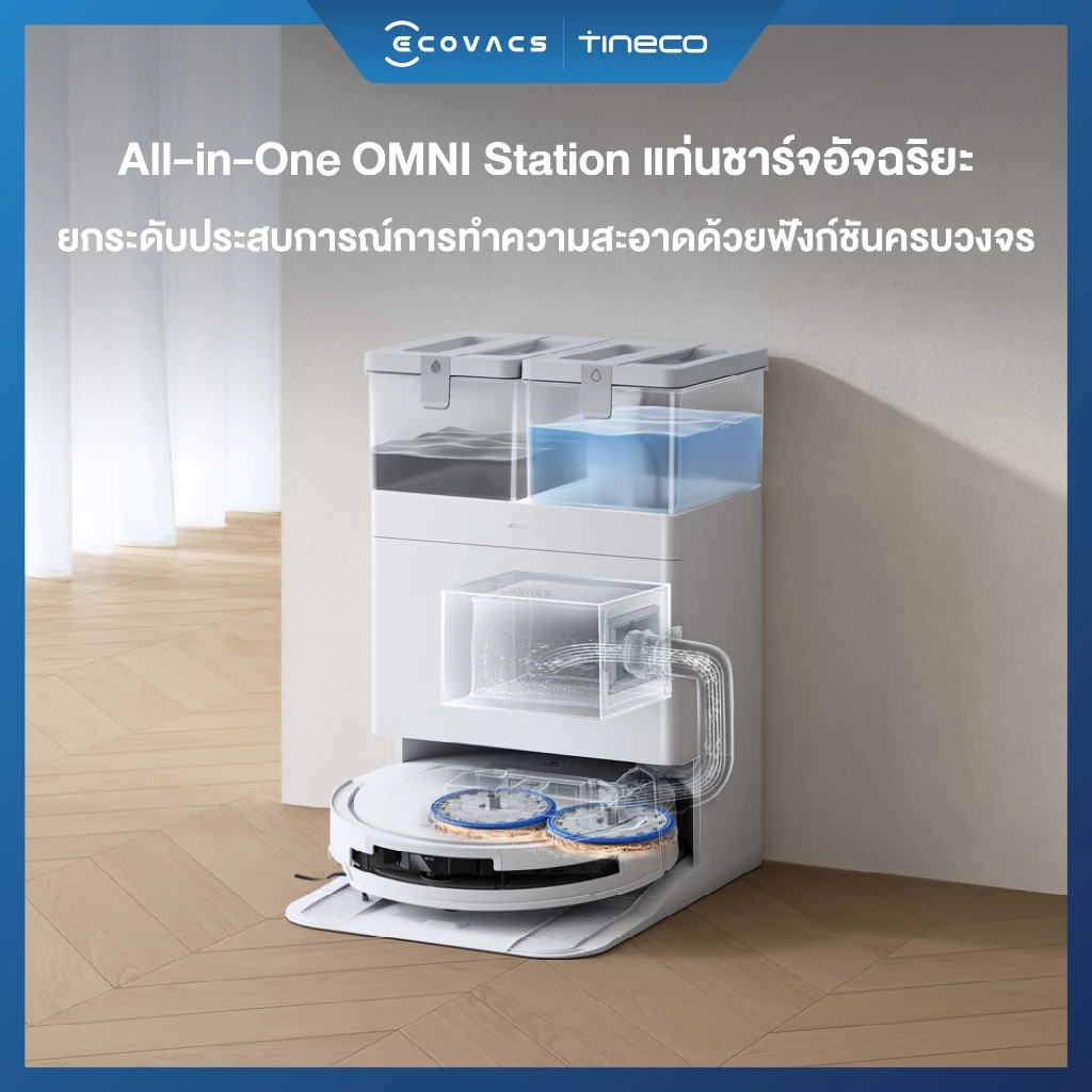 ECOVACS DEEBOT T50 PRO OMNI Series หุ่นยนต์ดูดฝุ่น ถูพื้น อัจฉริยะ + แท่นชาร์จอัจฉริยะ All-In-One บางพิเศษ