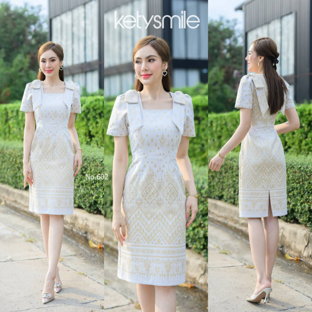 เดรสสีขาวมงคล กระโปรงสอบอัดกาว ซิปซ่อนหลัง ไซส์ S-5XL ใส่บุญ มุมมองที่ 3