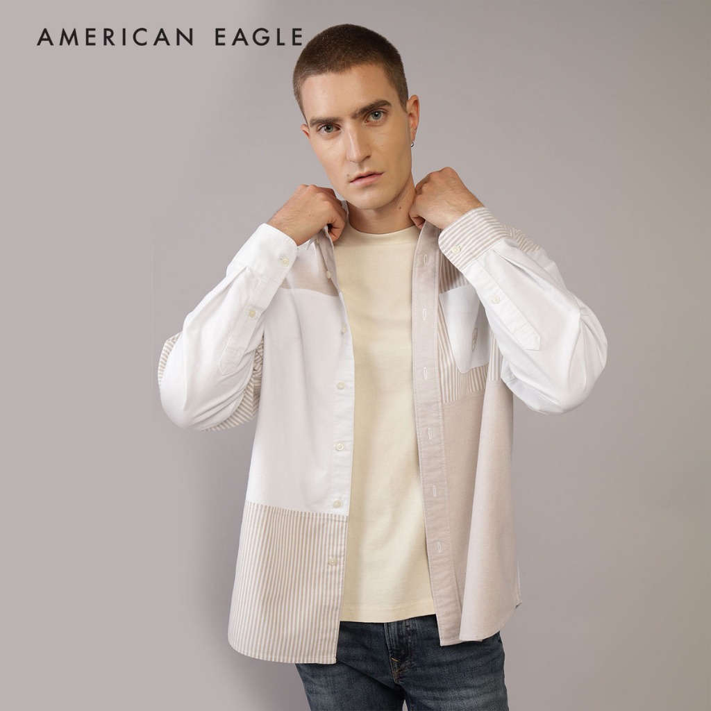 American Eagle Oversized Oxford Colorblock Button-Up Shirt เสื้อเชิ้ต ...