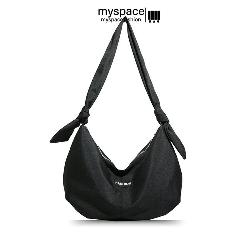 myspacefashion(MY2217) กระเป๋าผ้าสะพายไหล่ใบใหญ่ ป้ายFASHION สายแบบผูก ...