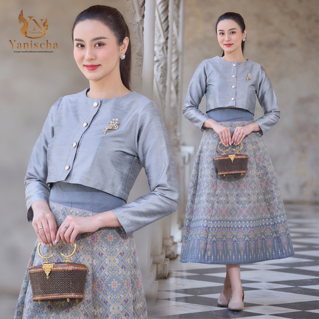ชุดไทยผ้าไหมสีเทาเงินมงคล เอวสูง ไซส์ M-4XL ชุดออกงาน ไปวัด ทำบุญ