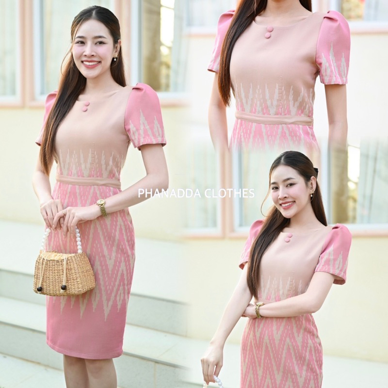 เดรสคอปาดผ้าไทยทอลาย อัดกาว ใส่แล้วสวยหรู ไซส์ S-5XL มุมมองที่ 3