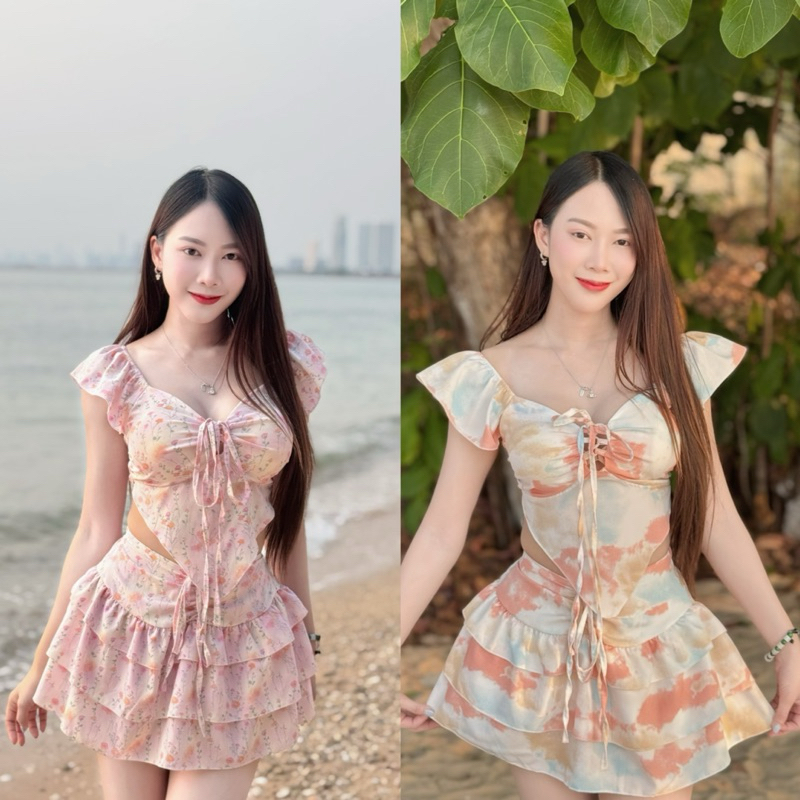 ชุดเซต เสื้อแขนระบายผูกหน้าเสริมฟองน้ำ กระโปรงกางเกงระบาย