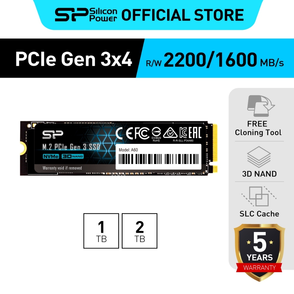 Silicon Power NVMe PCIe Gen3x4 M.2 2280 SSD P34A60 1TB/ 2TB/สำหรับ