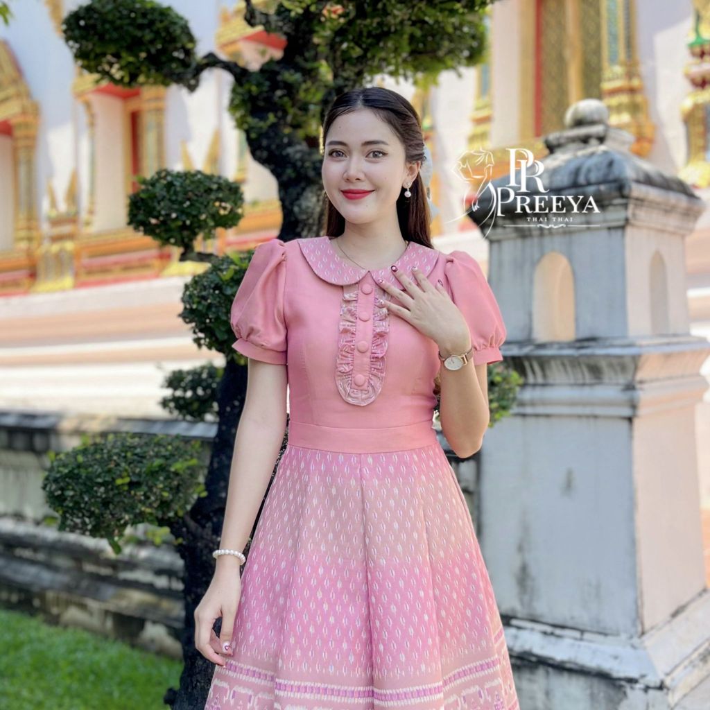 เดรสผ้าฝ้ายทอลาย Preeya PR114 อัดกาวทั้งชุด ไซส์ S-2XL สวยสง่าใส่สบาย มุมมองที่ 5