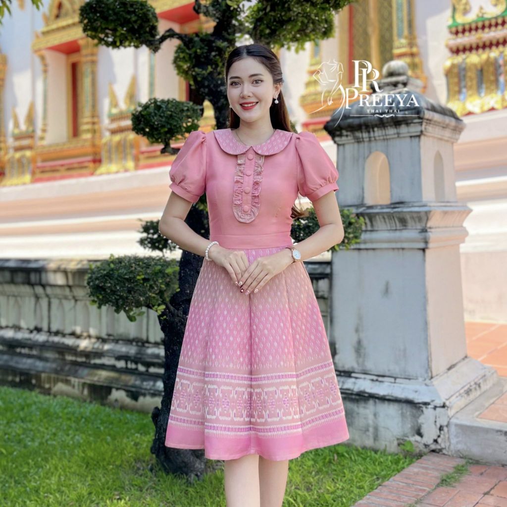 เดรสผ้าฝ้ายทอลาย Preeya PR114 อัดกาวทั้งชุด ไซส์ S-2XL สวยสง่าใส่สบาย มุมมองที่ 2