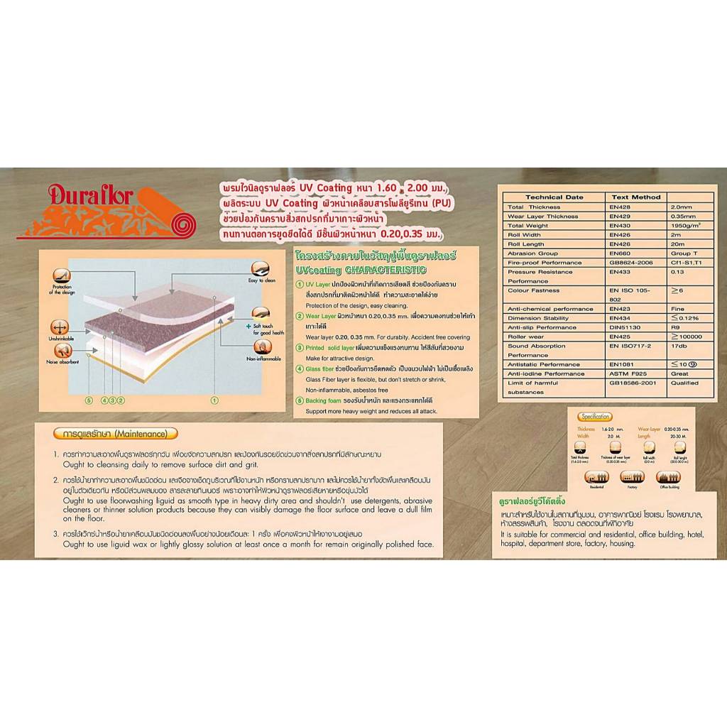 กระเบื้องยางม้วนดูราฟลอร์ รุ่นสตรอง (Solid Backing) ความหนา 2.00มม. ...
