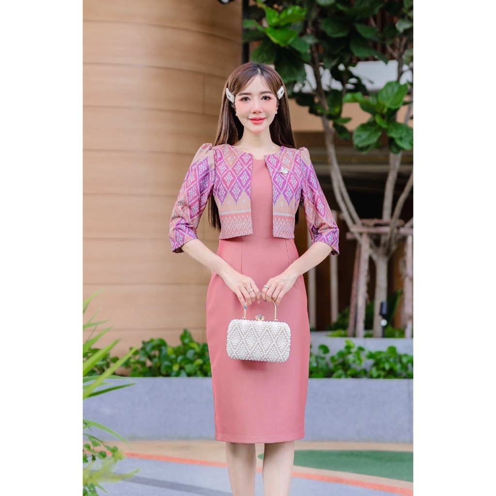 🍒 ชุดผ้าไทยแขนสามส่วนกระโปรงทรงเอ 5 สี ผ้าเนื้อดีทิ้งตัวสวย พร้อมส่ง มุมมองที่ 2
