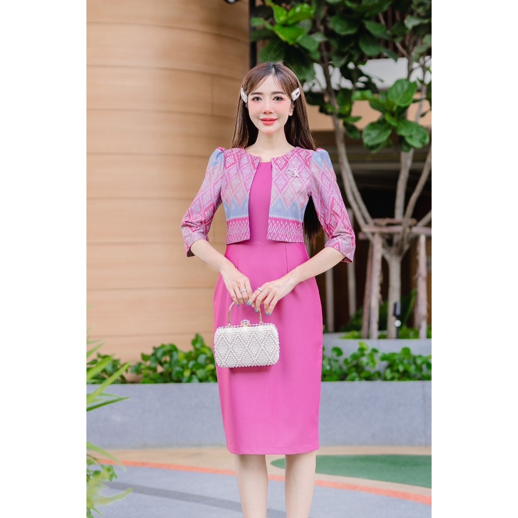 🍒 ชุดผ้าไทยแขนสามส่วนกระโปรงทรงเอ 5 สี ผ้าเนื้อดีทิ้งตัวสวย พร้อมส่ง มุมมองที่ 5