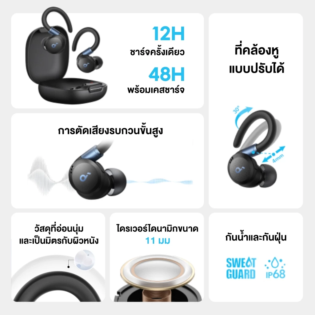 Soundcore Sport X20 True-Wireless Sport Earbuds with Hook หูฟังบลูทูธ หูฟังออกกำลังกาย Adaptive ANC หูฟังไร้ส