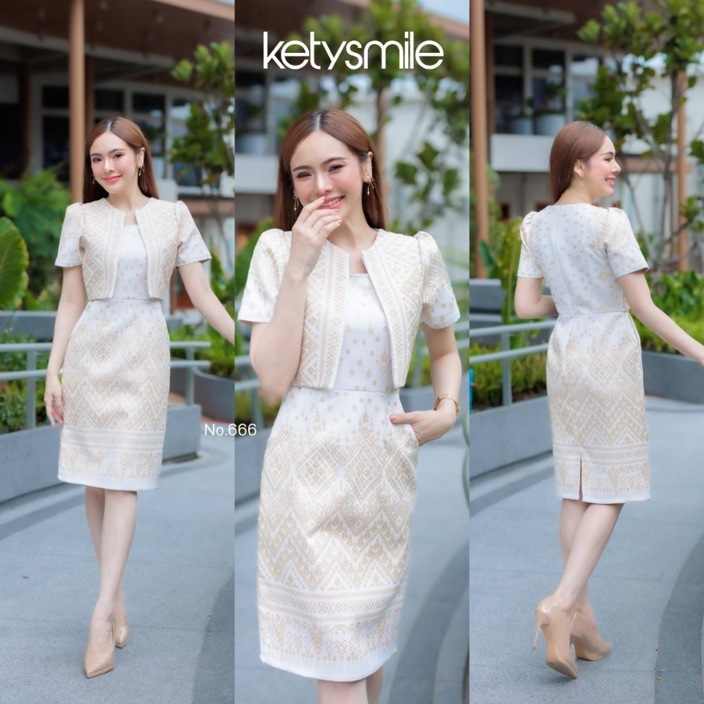 เดรสสีขาวมงคล กระโปรงสอบอัดกาว ซิปซ่อนหลัง ไซส์ S-5XL ใส่บุญ มุมมองที่ 2