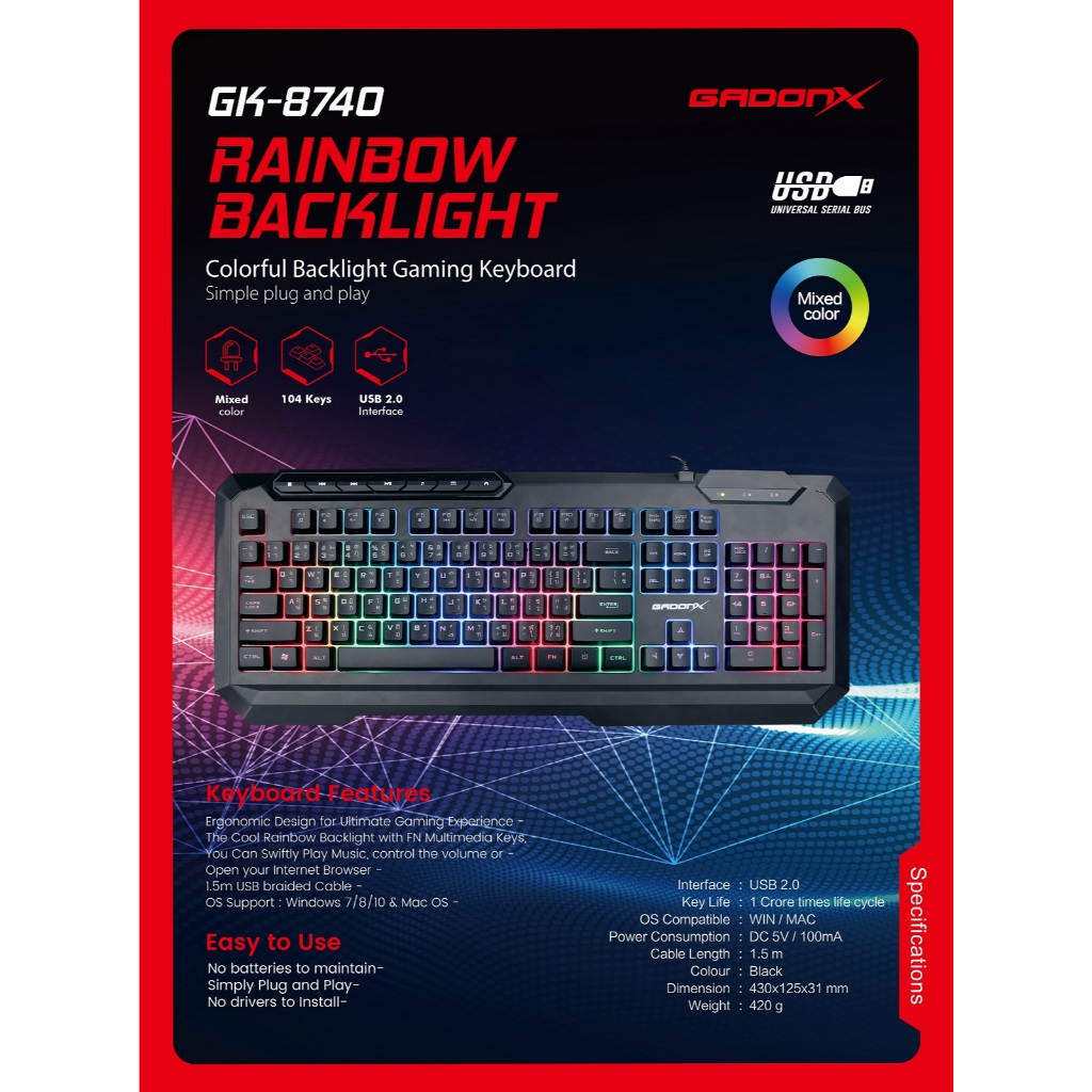 คีย์บอร์ดเกมมิ่ง GadonX GK-8740 คีย์บอร์ดมีไฟ Gaming Keyboard ประกัน ...