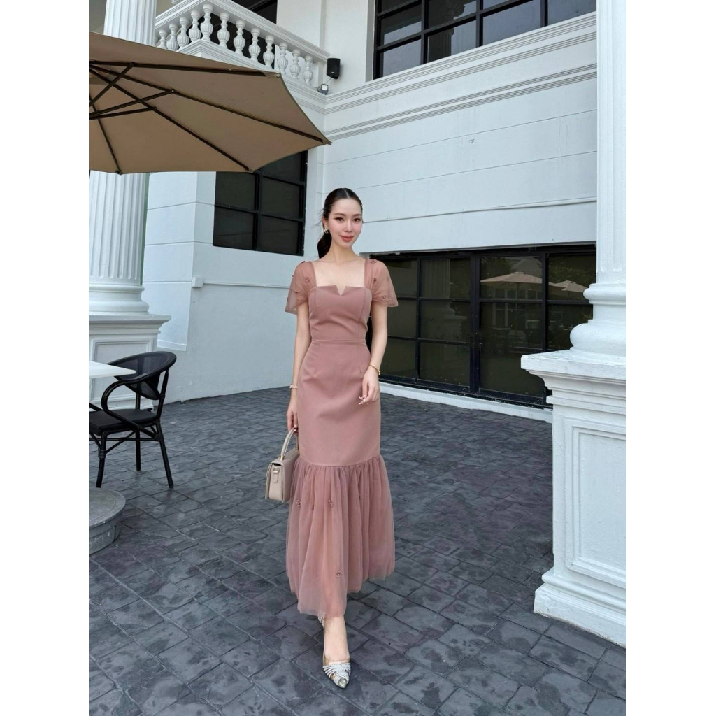 เดรสยาวคอรูปหัวใจ ผ้าซีทรูดอกไม้3D พร้อมซับใน ไซส์ S-3XL ชุดออกงานสวยเก๋ มุมมองที่ 5