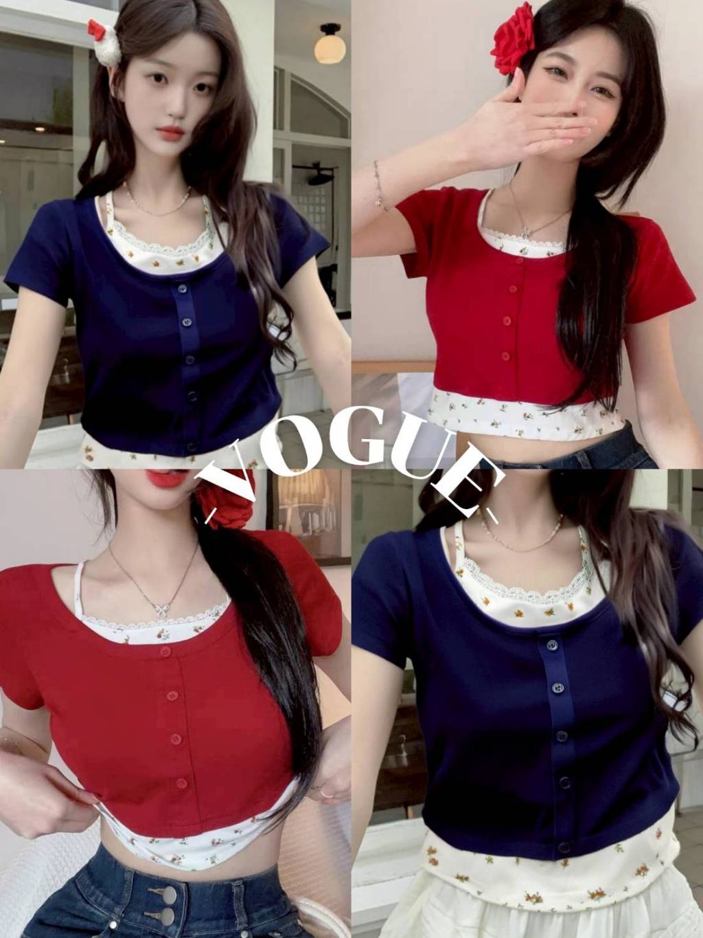 Vogue🌟พร้อมส่ง🌟 เสื้อแขนสั้น ไหมพรม สีแดงน้ำเฃินลายดอกไม้ (Y6820 ...