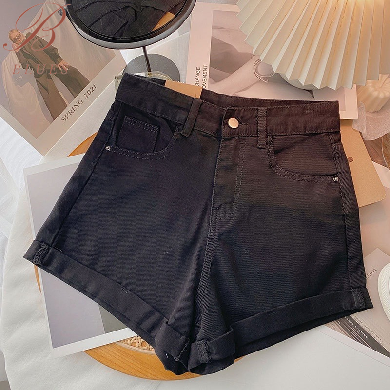 B BLUES ส่งไวจากไทย S-2XL ผู้หญิงเกาหลีกางเกงยีนส์ขาสั้น เอวสูงเรียบๆกางเกงขาสั้น - 5