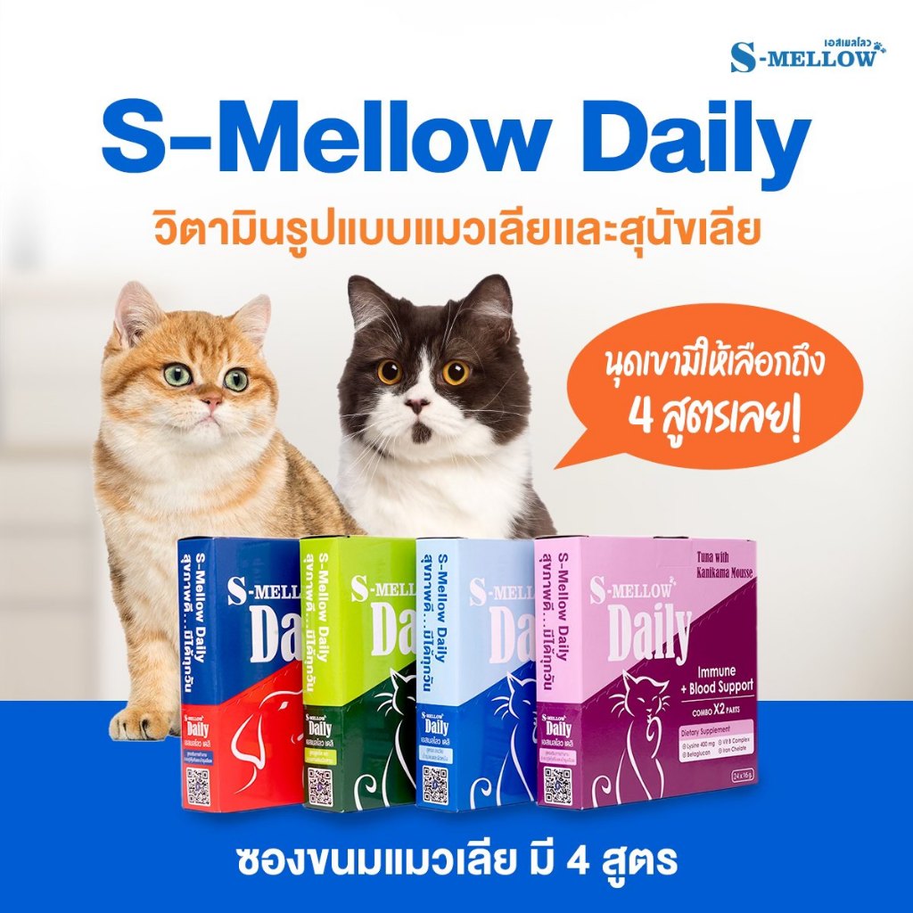 (ยกกล่อง 24ซอง) S-Mellow Daily อาหารเสริมวิตามินในรูปแบบแมวเลีย หมาเลีย ...