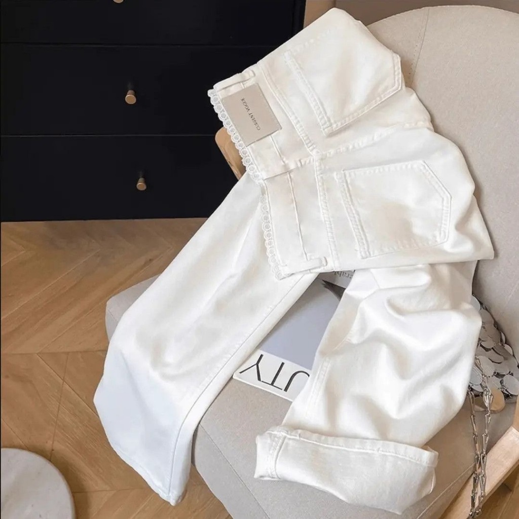 Swan shop กางเกงยีนส์สีขาวขายาวทรงกระบอก  แถบเอวลูกไม้  คุณภาพสูง เนื้อผ้าดีระบายอากาศใส่สบ - 3