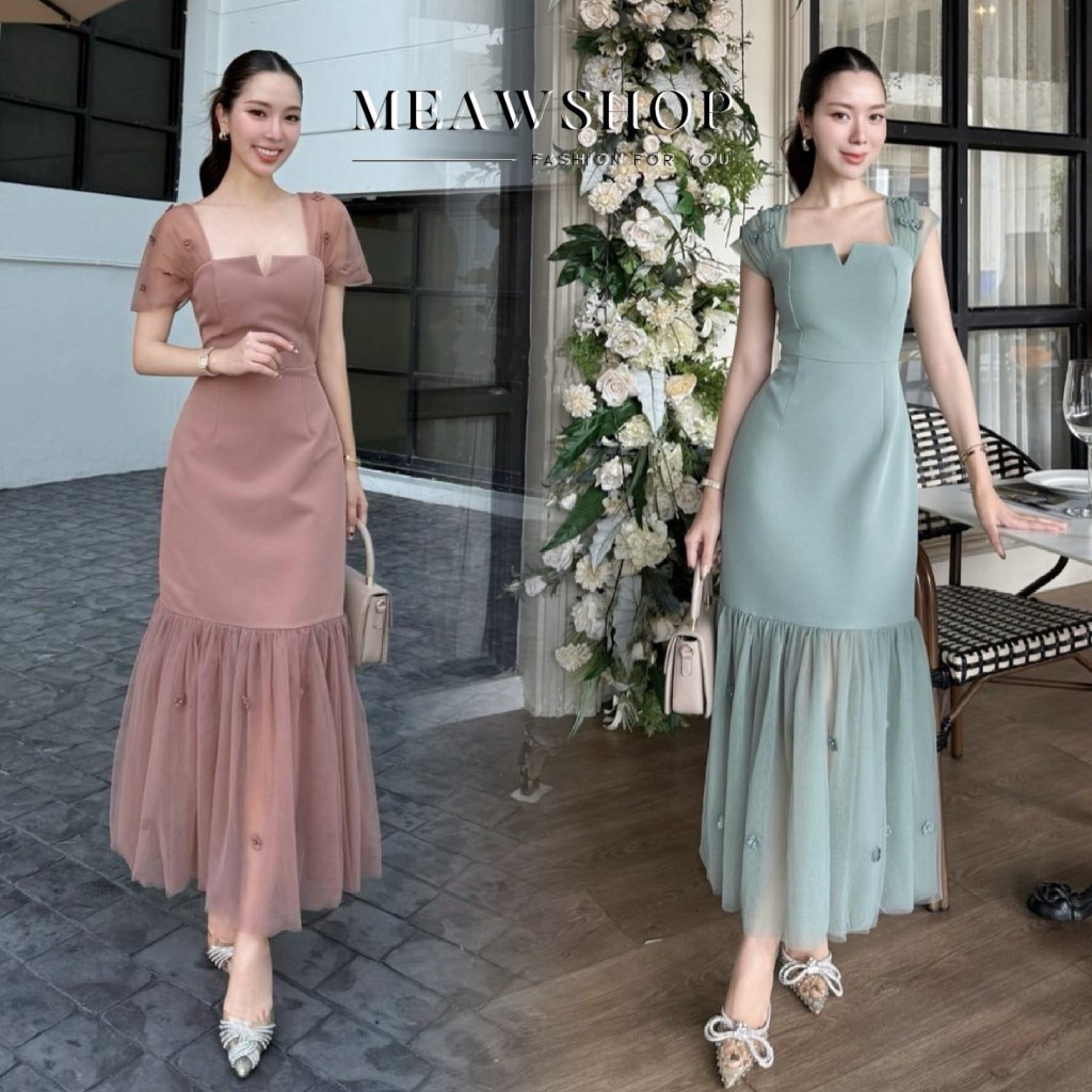 เดรสยาวคอรูปหัวใจ ผ้าซีทรูดอกไม้3D พร้อมซับใน ไซส์ S-3XL ชุดออกงานสวยเก๋