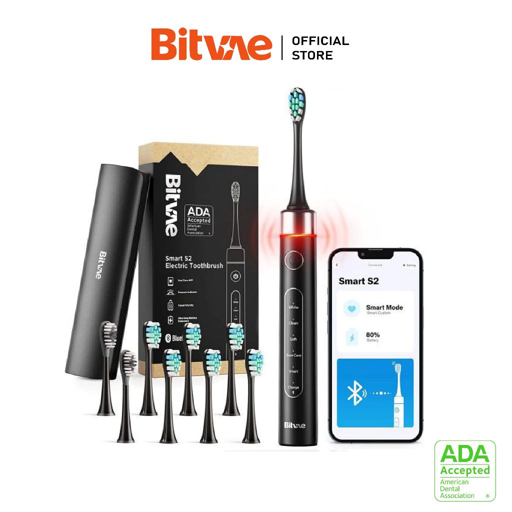 [มีระบบเชื่อมแอป] Bitvae S2 สีดำ - แปรงสีฟันไฟฟ้า Sonic แถม 8 หัวแปรง ...