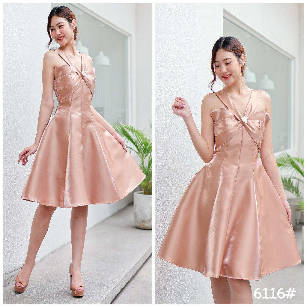 LUXURY707 Tinkerbell Dress อกผีเสื้อ เอวสูงกระโปรงบาน ชุดไปงานแต่ง เดรสเพื่อนเจ้าสาว ผ้า Pastel Silk 3สี มุมมองที่ 5