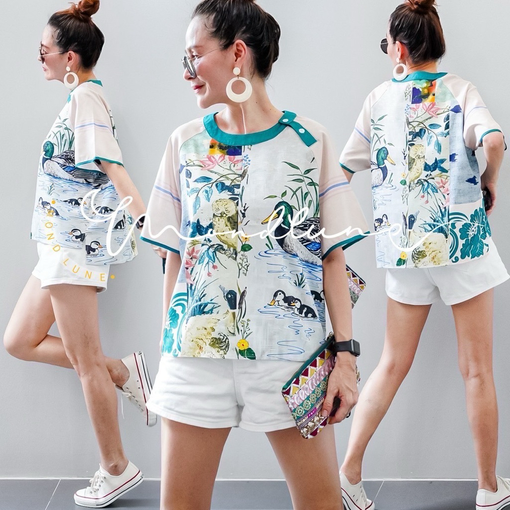 เสื้อเบลาส์ เเขนสั้น ทรงเบสิค ลายผ้าลาย กราฟฟิค ผ้าลีนินไหม (fabric ...