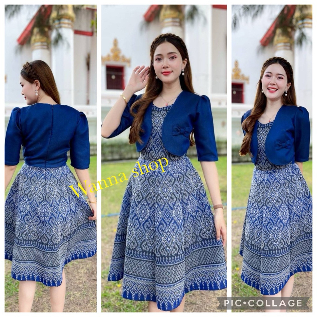 เดรสผ้าไทยลายกั๊กแขนสามส่วน ไซส์พอดีตัว เนื้อผ้านิ่ม สีสวยตรงปก พร้อมส่ง มุมมองที่ 5