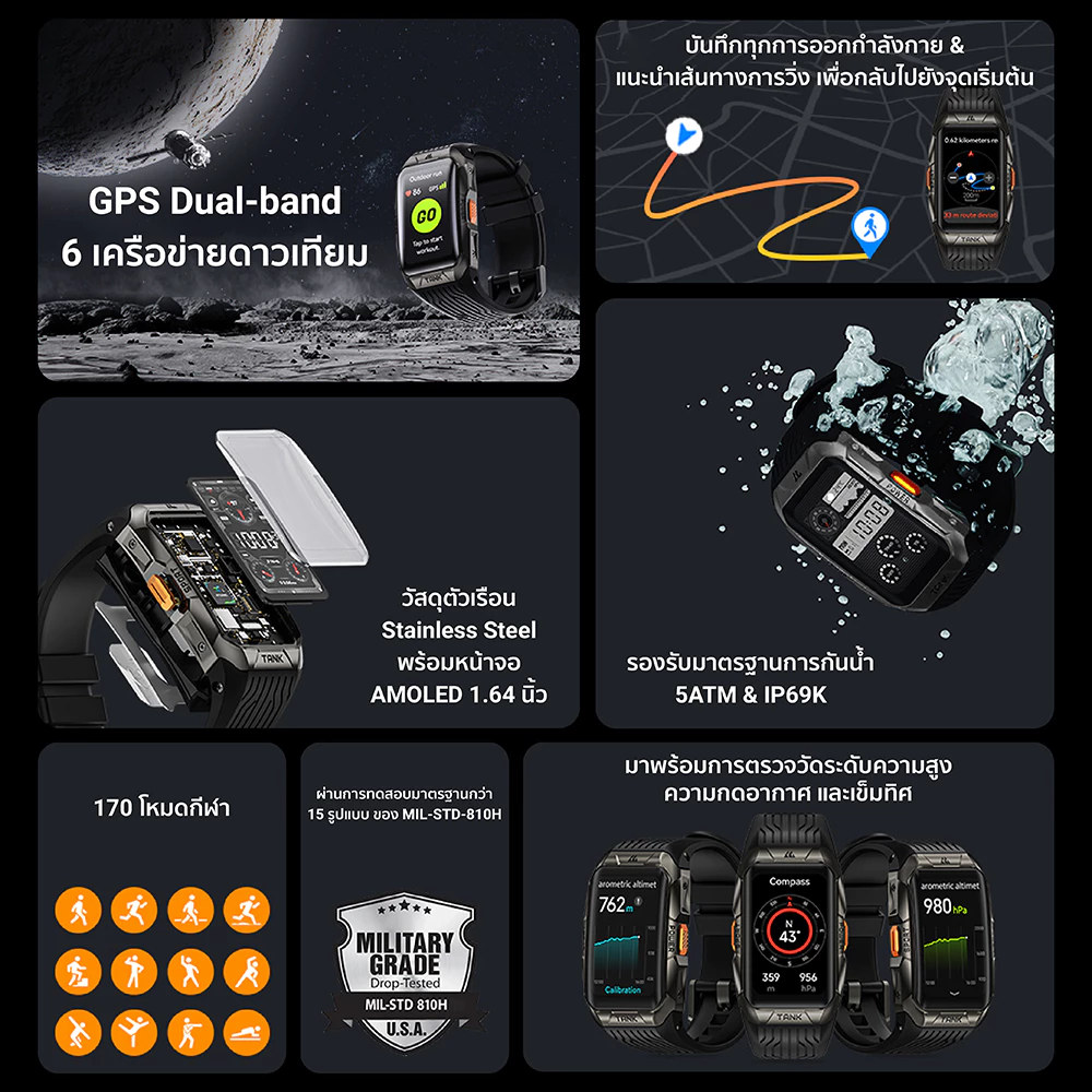 KOSPET TANK X2 Ultra สมาร์ทวอทช์ Bluetooth Calling AMOLED 1.64 นิ้ว กันน้ำ 5 ATM + IP69K -2Y https://wayoza.com